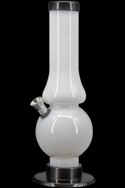 White glass water pipe (bong) with a flared base and metal mouthpiece.