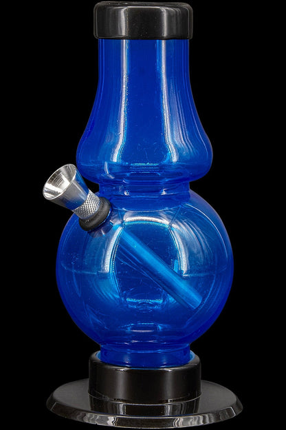 Blue glass water pipe (bong) with metallic downstem and base.