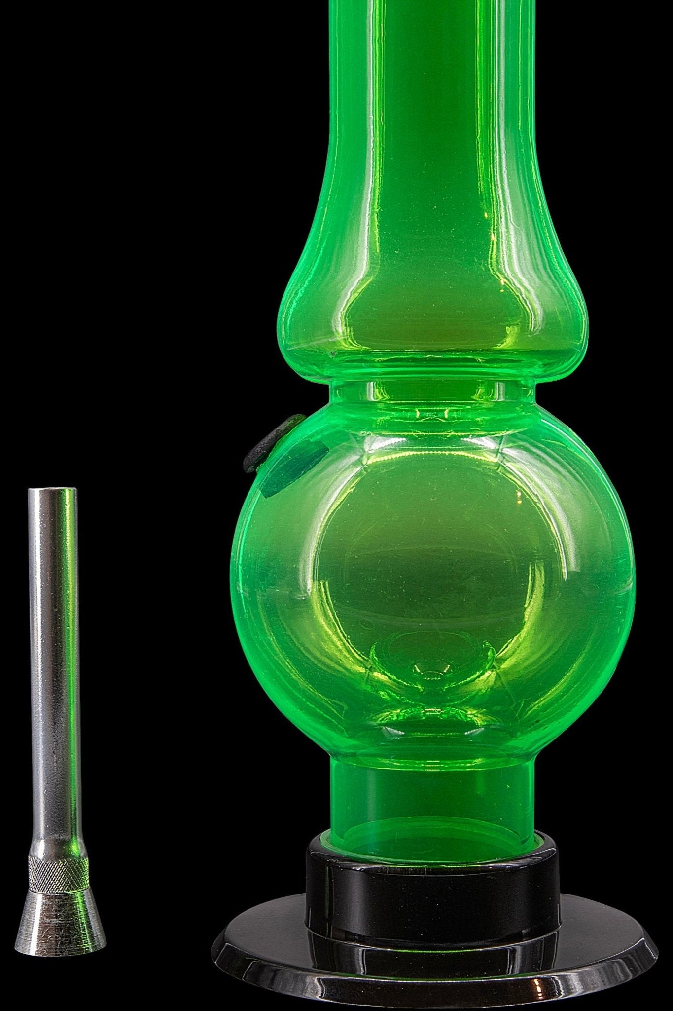 Green glass water pipe (bong) with a detachable downstem, isolated on a black background.