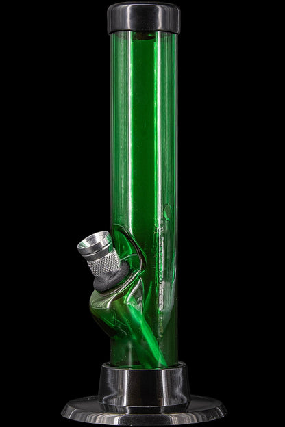 Green glass water pipe with metal accents.