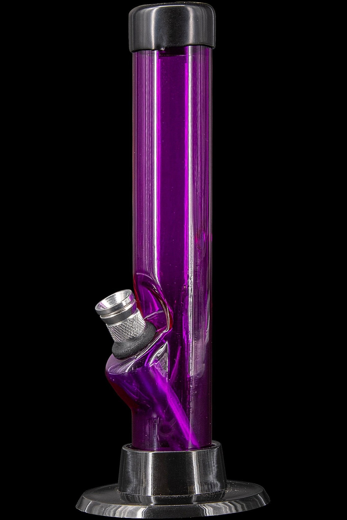 Purple glass water pipe with metallic accents, isolated on black.