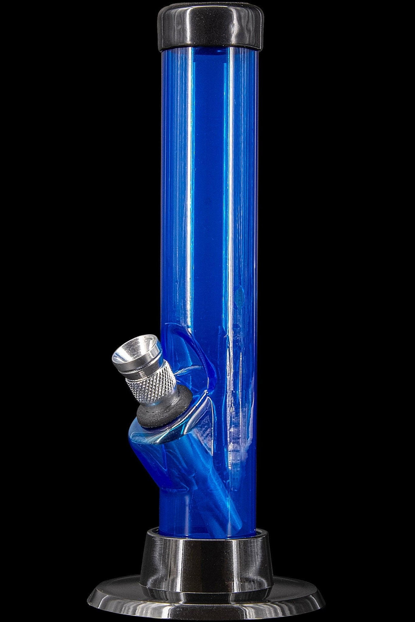 Blue glass water pipe with silver accents.