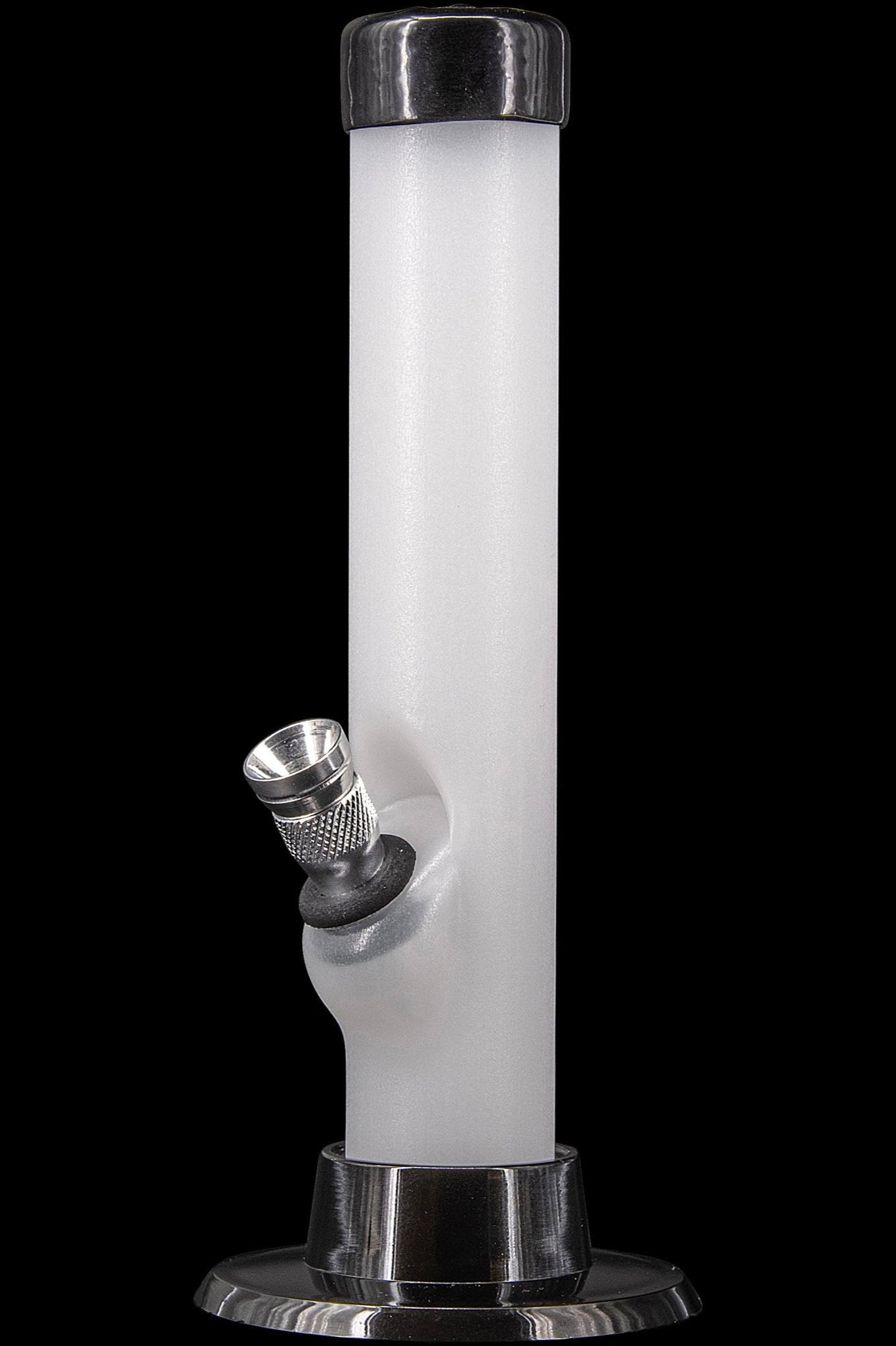 Frosted glass water pipe with black accents on a reflective base.