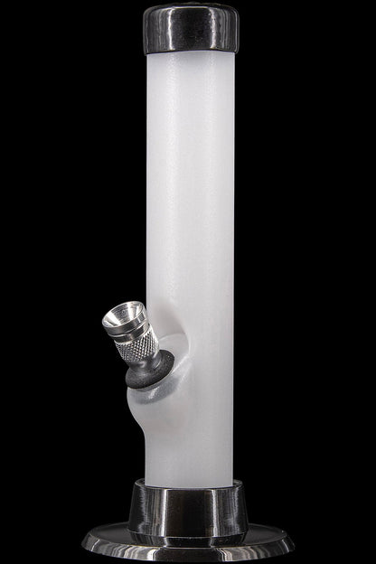 Frosted glass water pipe with black accents on a reflective base.