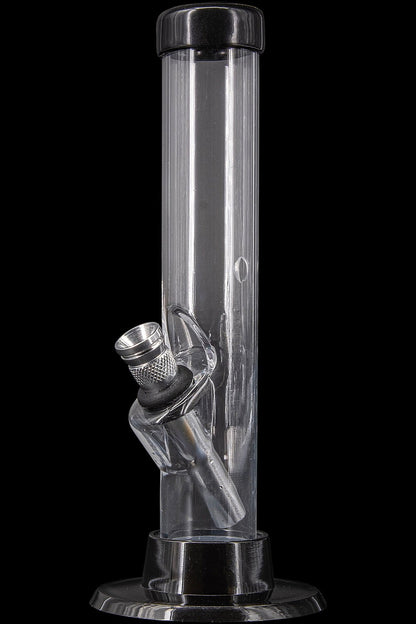Clear glass water pipe (bong) with a flared base, isolated on a black background.