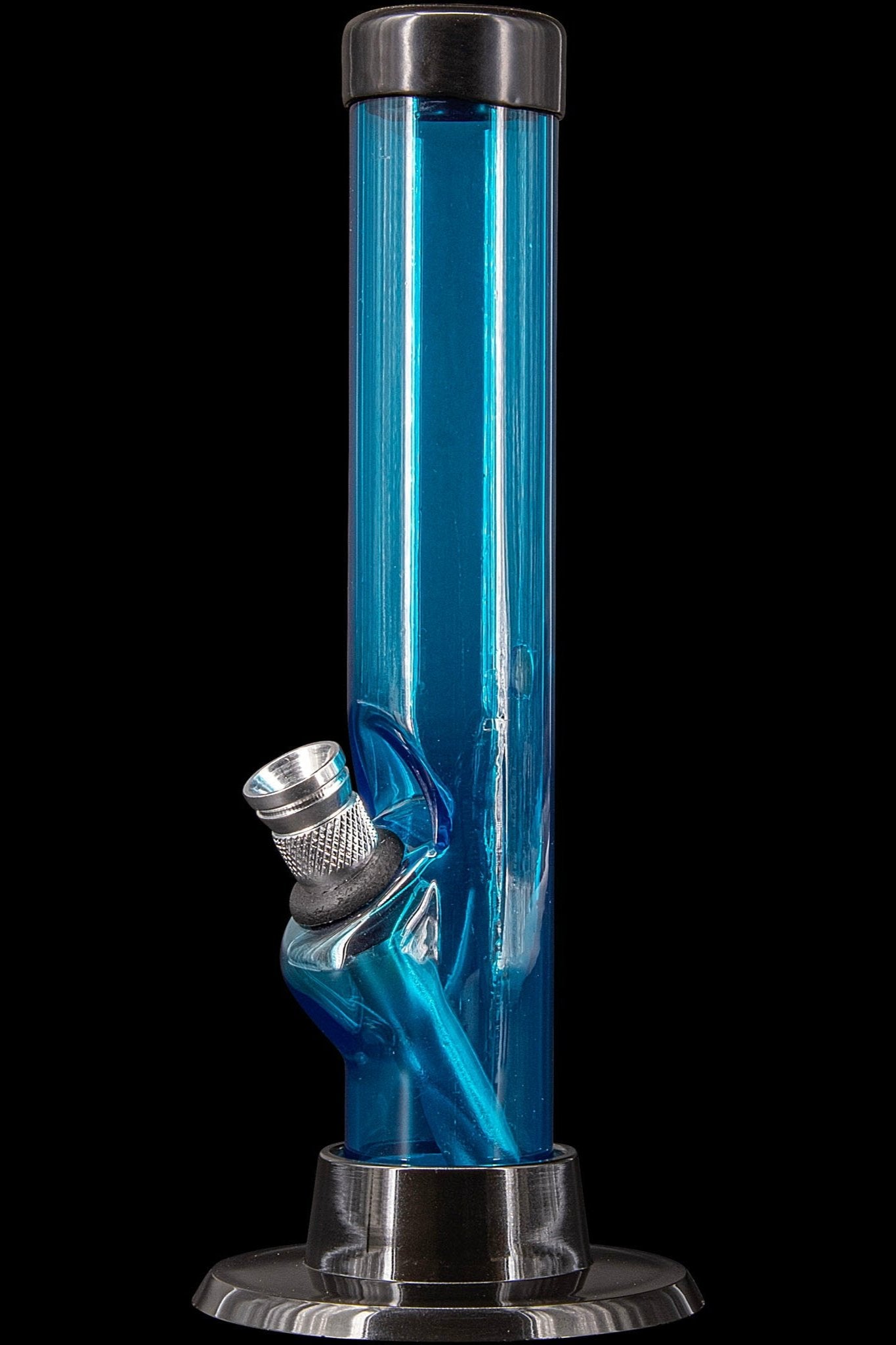 Blue glass water pipe with metallic accents.