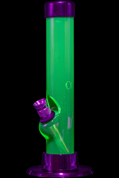Green glass water pipe with purple accents.