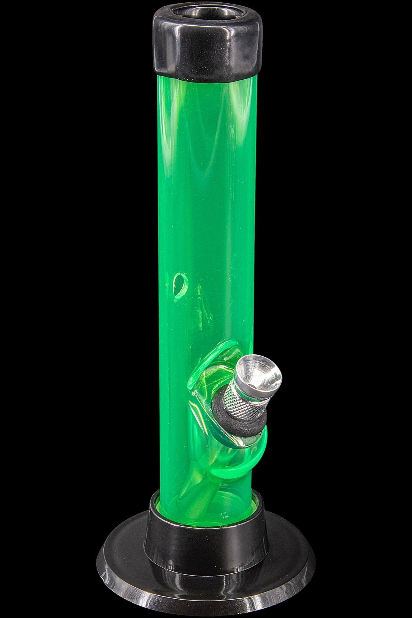 Green glass water pipe with black accents.