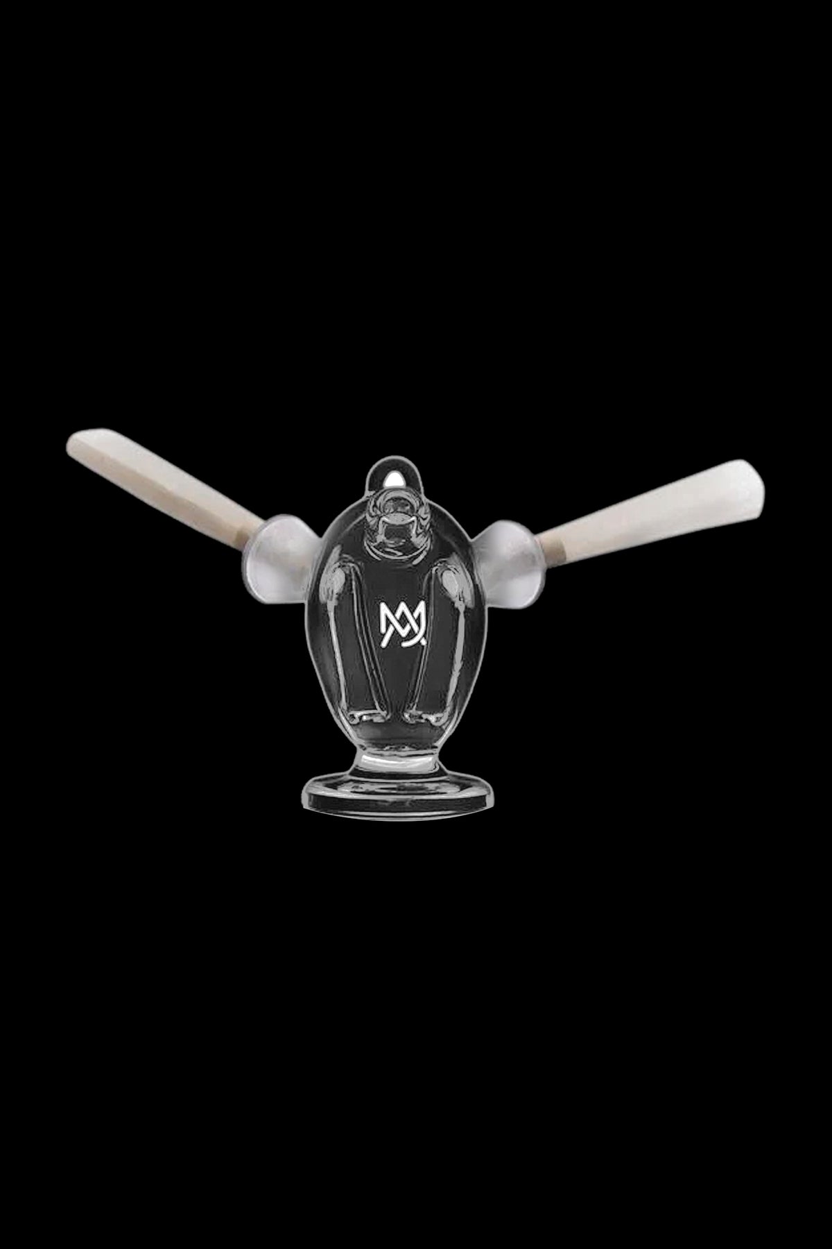 Clear glass dab rig with two carb caps, featuring a branded symbol on the body, isolated on a black background.