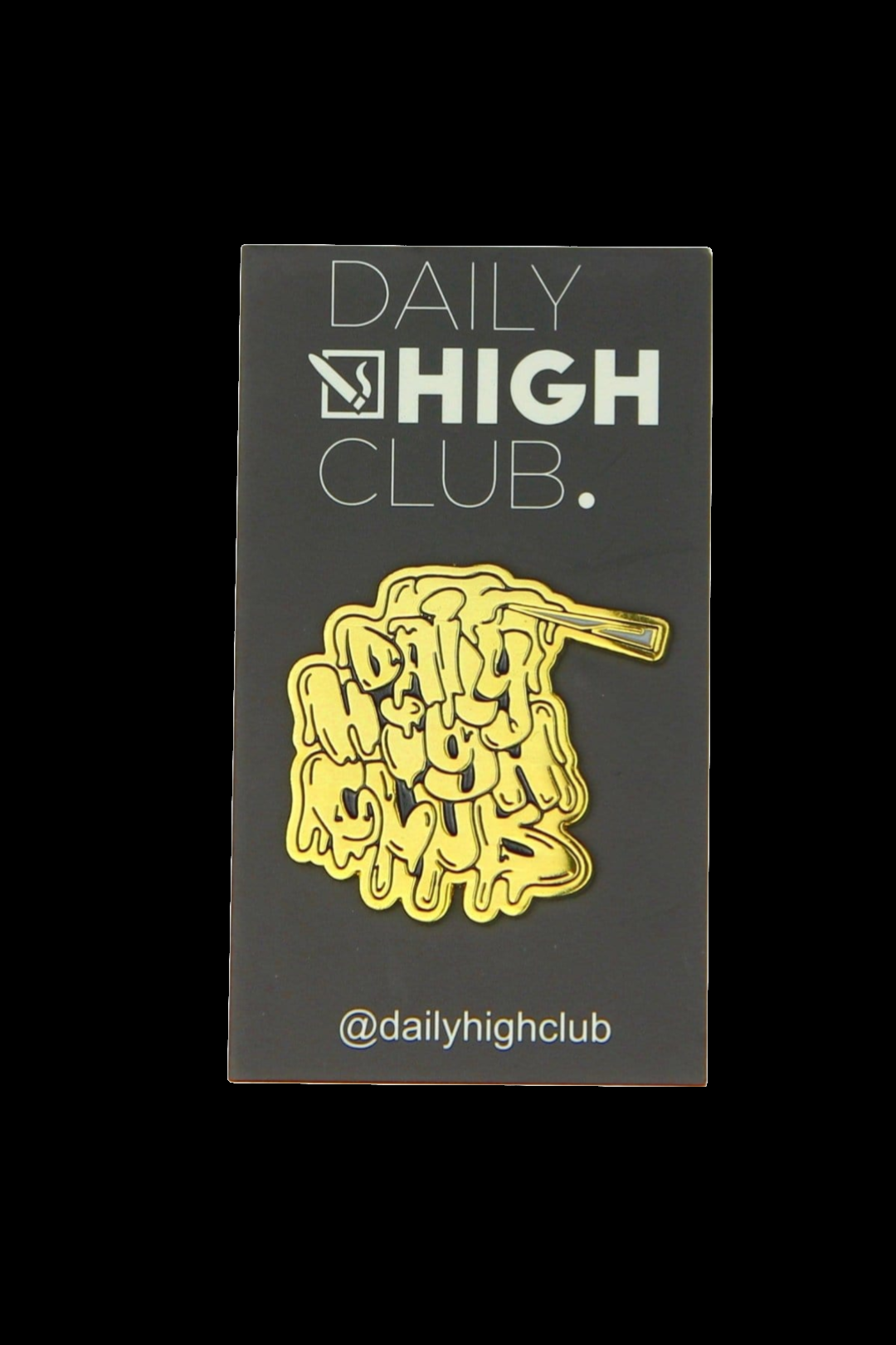 Gold enamel pin depicting cannabis bud with a pipe, branded with “DAILY HIGH CLUB.” and @dailyhighclub. 