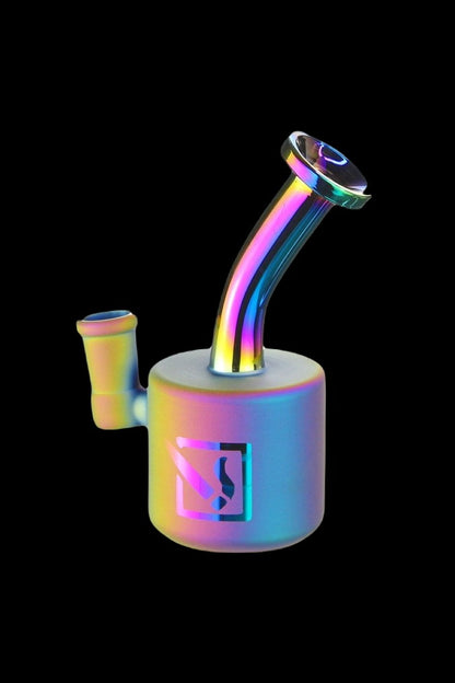 Iridescent glass bubbler water pipe for cannabis use.