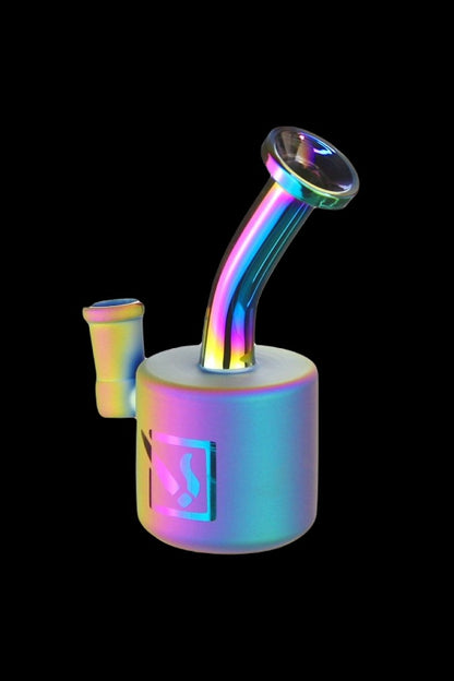 Iridescent glass water pipe (bong) with a branded logo against a black background.