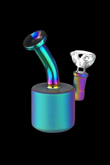 Iridescent glass bubbler water pipe with a clear glass bowl.