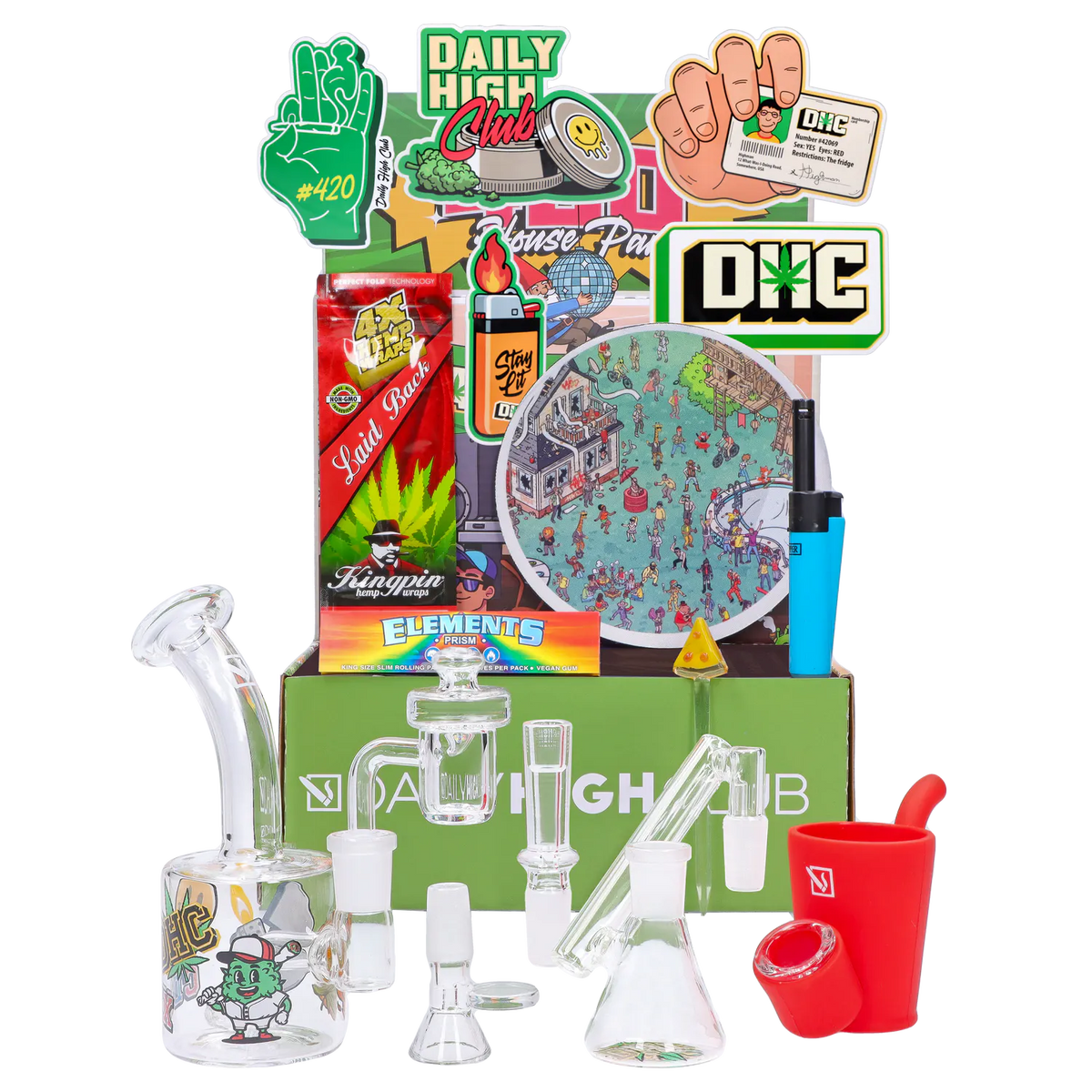 Front view of the “420 House Party” Smoking Box display with stickers, rolling papers, a blue lighter and glassware arranged against a green branded backdrop