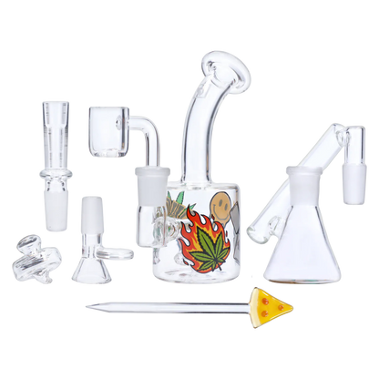 Front-facing arrangement of the “420 House Party” Smoking Box showing small clear glass rigs with a curved mouthpiece and a decorated chamber featuring a flame-and-leaf sticker.