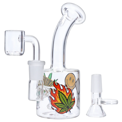 Angled close-up of the “420 House Party” Smoking Box showing its clear glass neck and chamber decorated with a flaming green leaf and smiley-face decal