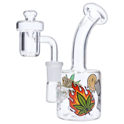 Close-up of the clear glass “420 House Party” Smoking Box showing the angled mouthpiece and colorful flame-and-leaf decal on the body.