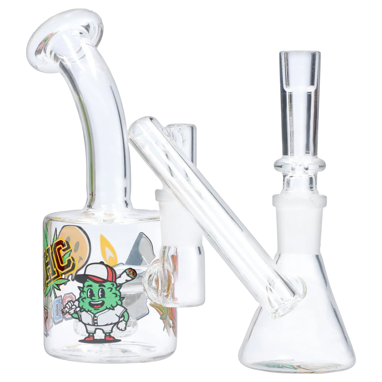 Diagonal close-up of the glass pieces of the “420 House Party” Smoking Box showing a stickered chamber and angled mouthpiece.