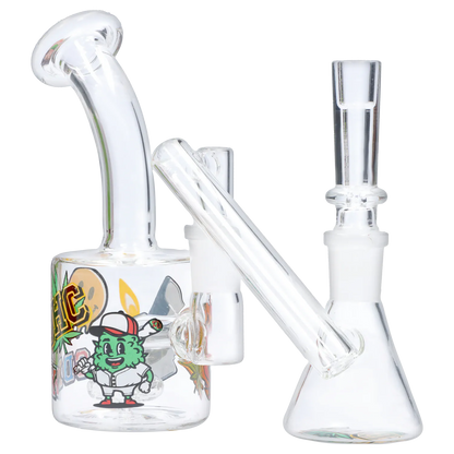 Diagonal close-up of the glass pieces of the “420 House Party” Smoking Box showing a stickered chamber and angled mouthpiece.