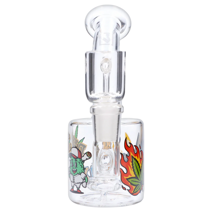 Top-front view of the clear “420 House Party” Smoking Box showing its glass joint and colorful cartoon flame and leaf graphics.