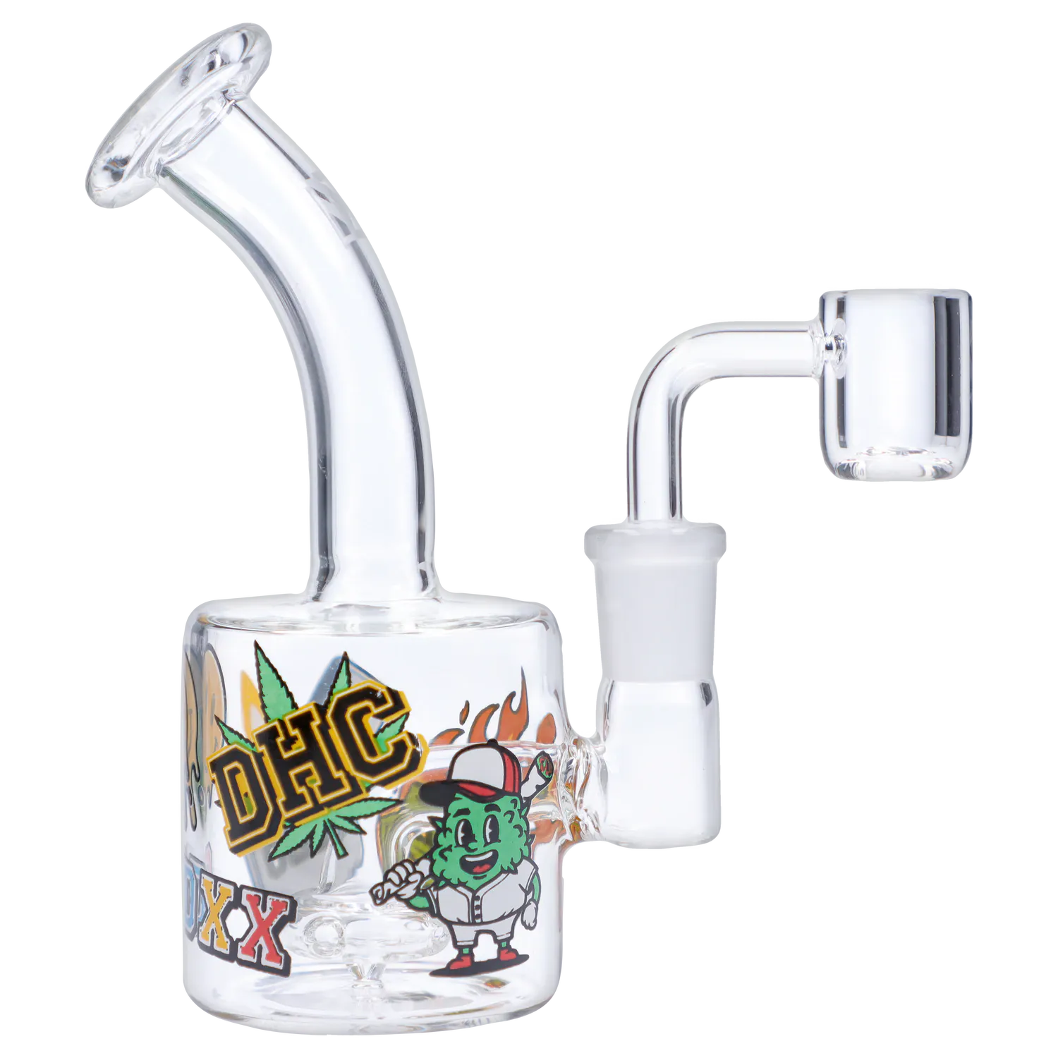 Angled close-up of the glass “420 House Party” Smoking Box showing its curved mouthpiece, right-side joint and colorful cartoon graphics on a white background