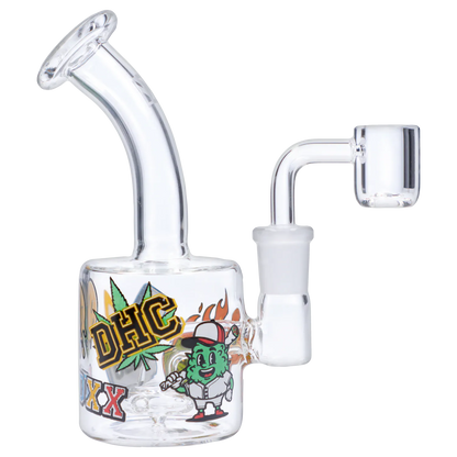 Angled close-up of the glass “420 House Party” Smoking Box showing its curved mouthpiece, right-side joint and colorful cartoon graphics on a white background