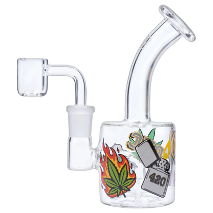 Angled close-up of the glass “420 House Party” Smoking Box showing its curved mouthpiece and colorful flame, leaf, and lighter decals.