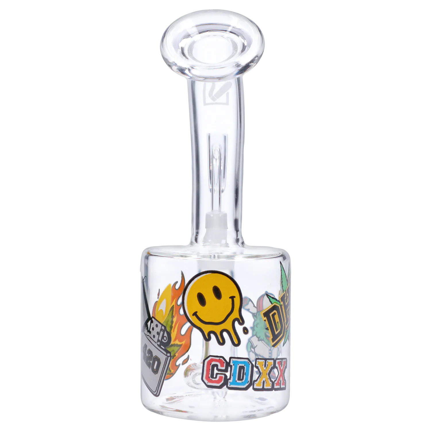 Top-down view of the clear glass “420 House Party” Smoking Box showing its cylindrical body with colorful stickers including a dripping smiley and CDXX lettering.