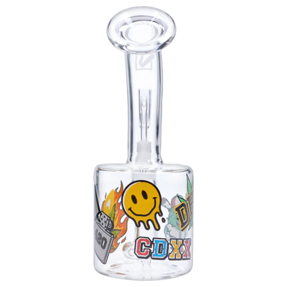 Top-down view of the clear glass “420 House Party” Smoking Box showing its cylindrical body with colorful stickers including a dripping smiley and CDXX lettering.