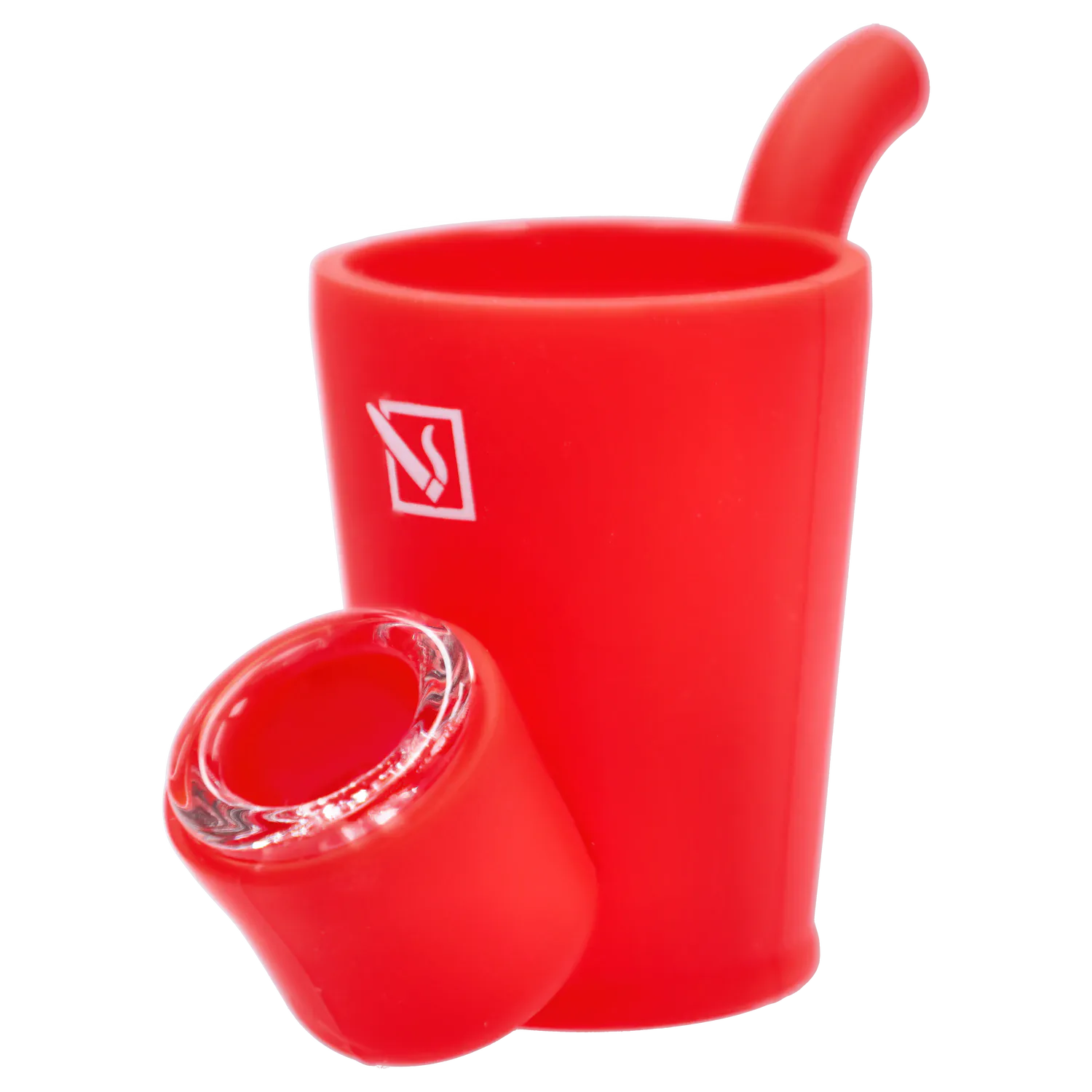 Close-up angled shot of a bright red “420 House Party” Smoking Box showing its cylindrical body, angled mouthpiece, and glossy bowl rim.