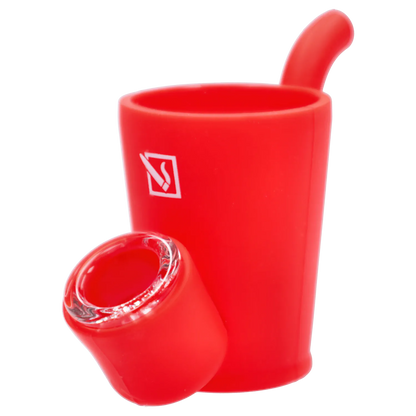 Close-up angled shot of a bright red “420 House Party” Smoking Box showing its cylindrical body, angled mouthpiece, and glossy bowl rim.