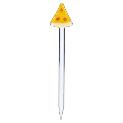 Top-down close-up of a clear glass pick with a triangular yellow tip and three orange dots from the “420 House Party” Smoking Box