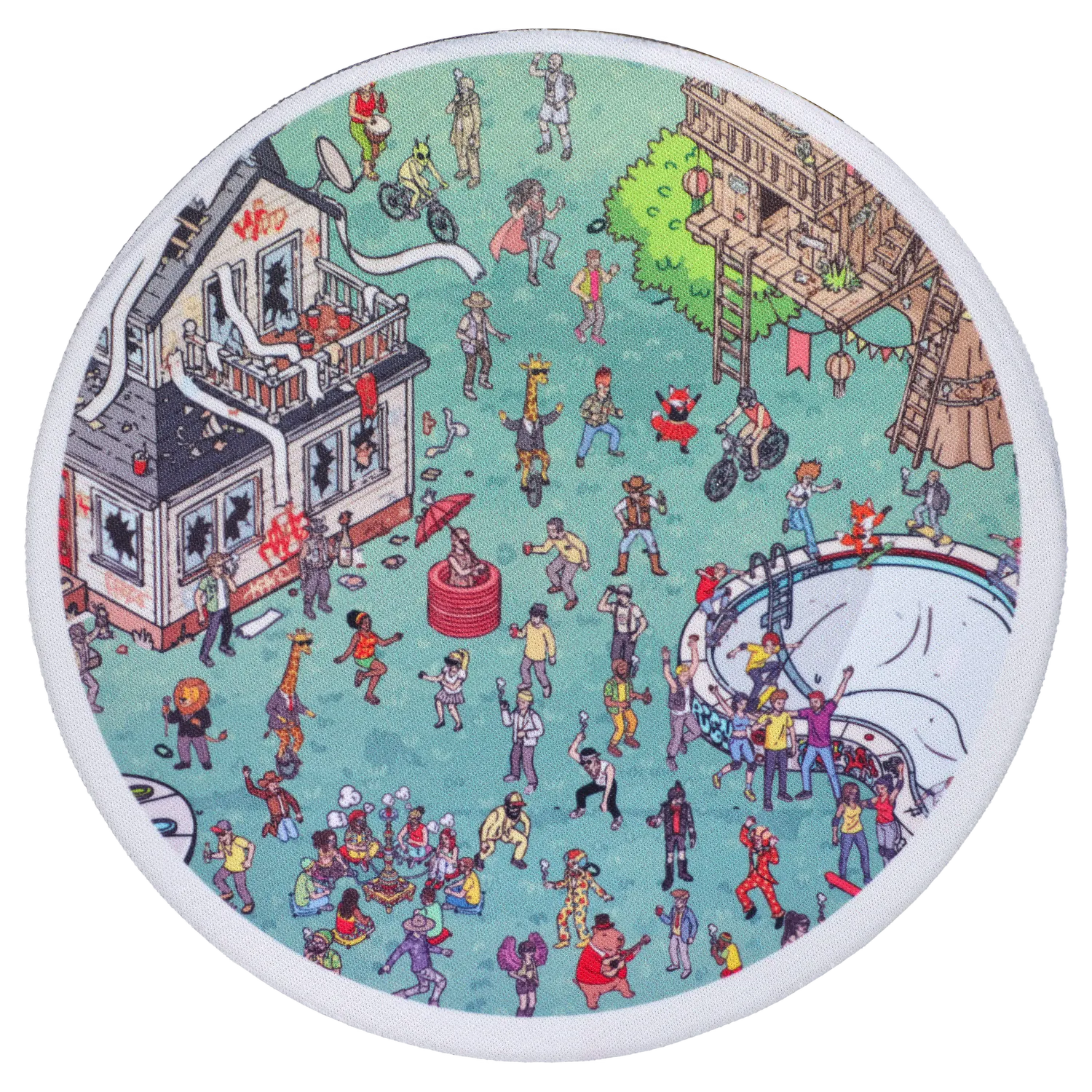Top-down view of a lively illustrated backyard scene on the “420 House Party” Smoking Box showing tiny partygoers, a burned house, treehouse, and empty pool.