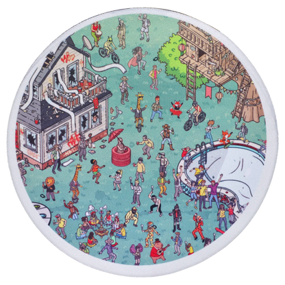 Top-down view of a lively illustrated backyard scene on the “420 House Party” Smoking Box showing tiny partygoers, a burned house, treehouse, and empty pool.