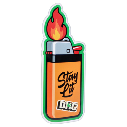 Tall close-up of an orange lighter sticker with flame artwork and "Stay Lit" text showing the “420 House Party” Smoking Box.