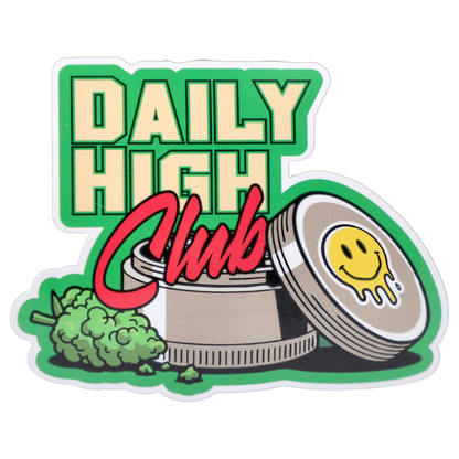 Top-down view of a green-and-cream sticker showing a grinder, bud, and smiley-lidded tin with "Daily High Club" in bold text for the “420 House Party” Smoking Box