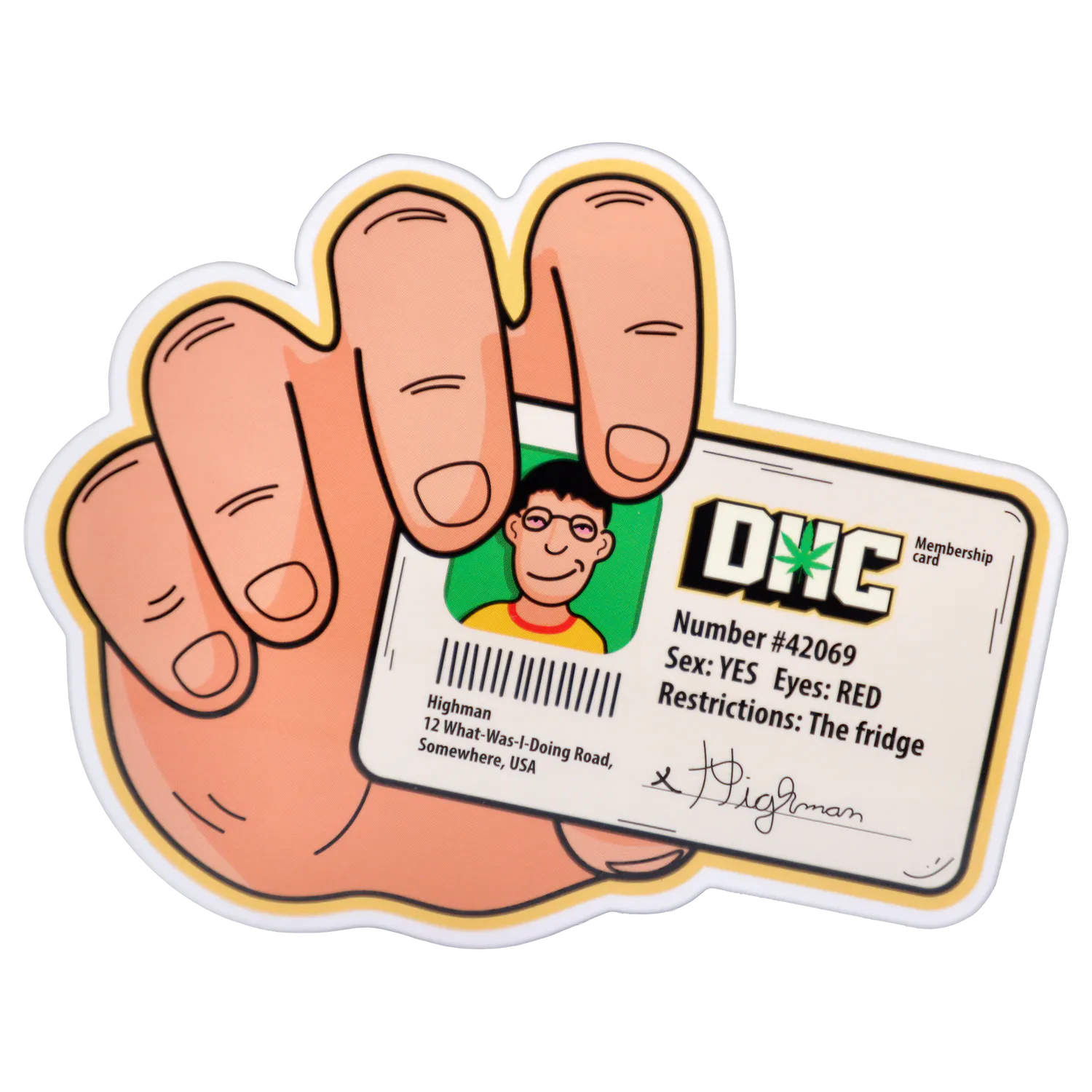 Close-up of a cartoon hand holding a membership card for the “420 House Party” Smoking Box, shown front-on with bright colors and a small portrait.