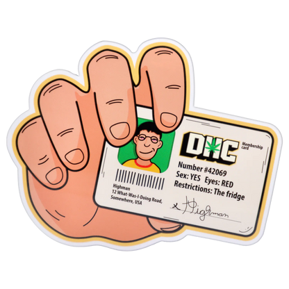 Close-up of a cartoon hand holding a membership card for the “420 House Party” Smoking Box, shown front-on with bright colors and a small portrait.