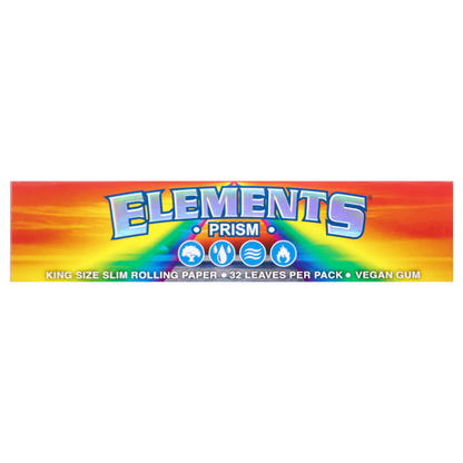 Close-up of a rainbow-striped package reading "ELEMENTS PRISM" centered on the bright orange and yellow background for the “420 House Party” Smoking Box