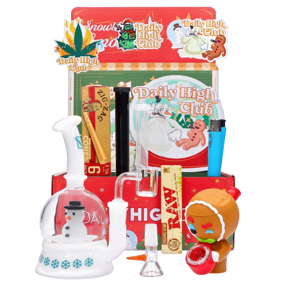Front-facing display of the "Jingle Blaze" Smoking Box with holiday-themed stickers, a snowman glass piece, gingerbread figure, and rolling papers.