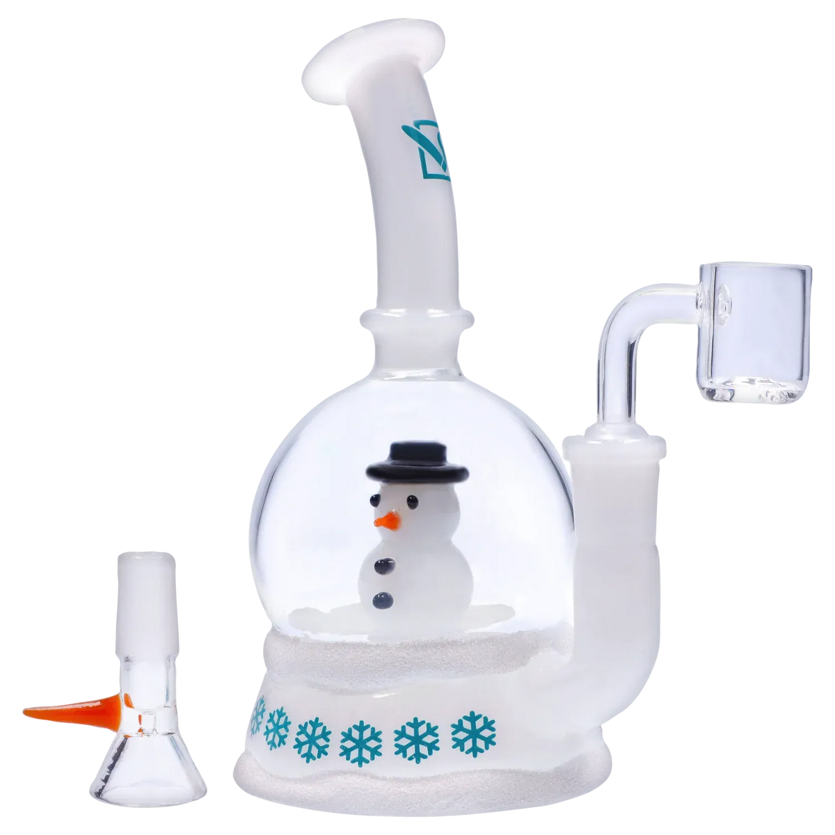 Close-up front view of the "Jingle Blaze" Smoking Box showing a glass snow globe chamber with a small snowman, teal snowflake band and clear bent neck.
