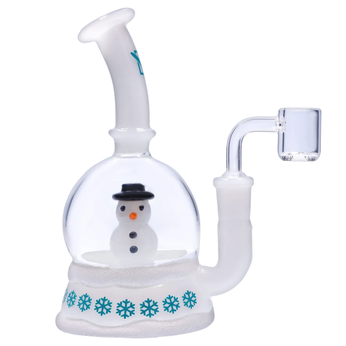 Close-up side view of the "Jingle Blaze" Smoking Box showing a glass dome with a small snowman inside and turquoise snowflake trim.