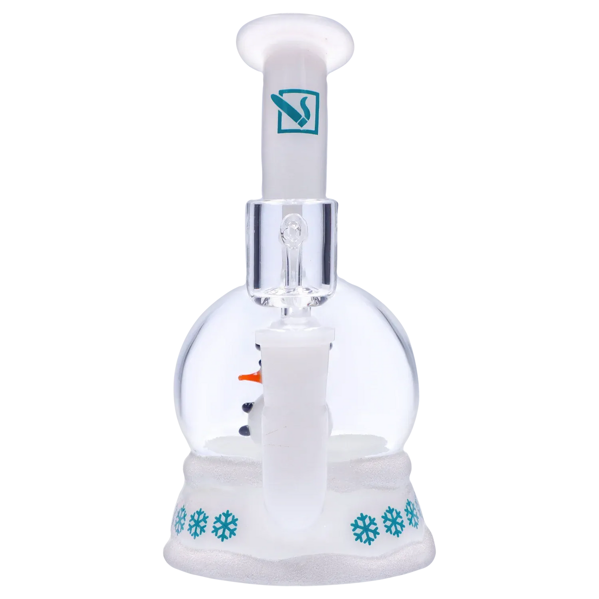 Front close-up of the "Jingle Blaze" Smoking Box showing its clear glass chamber and white base decorated with teal snowflakes.