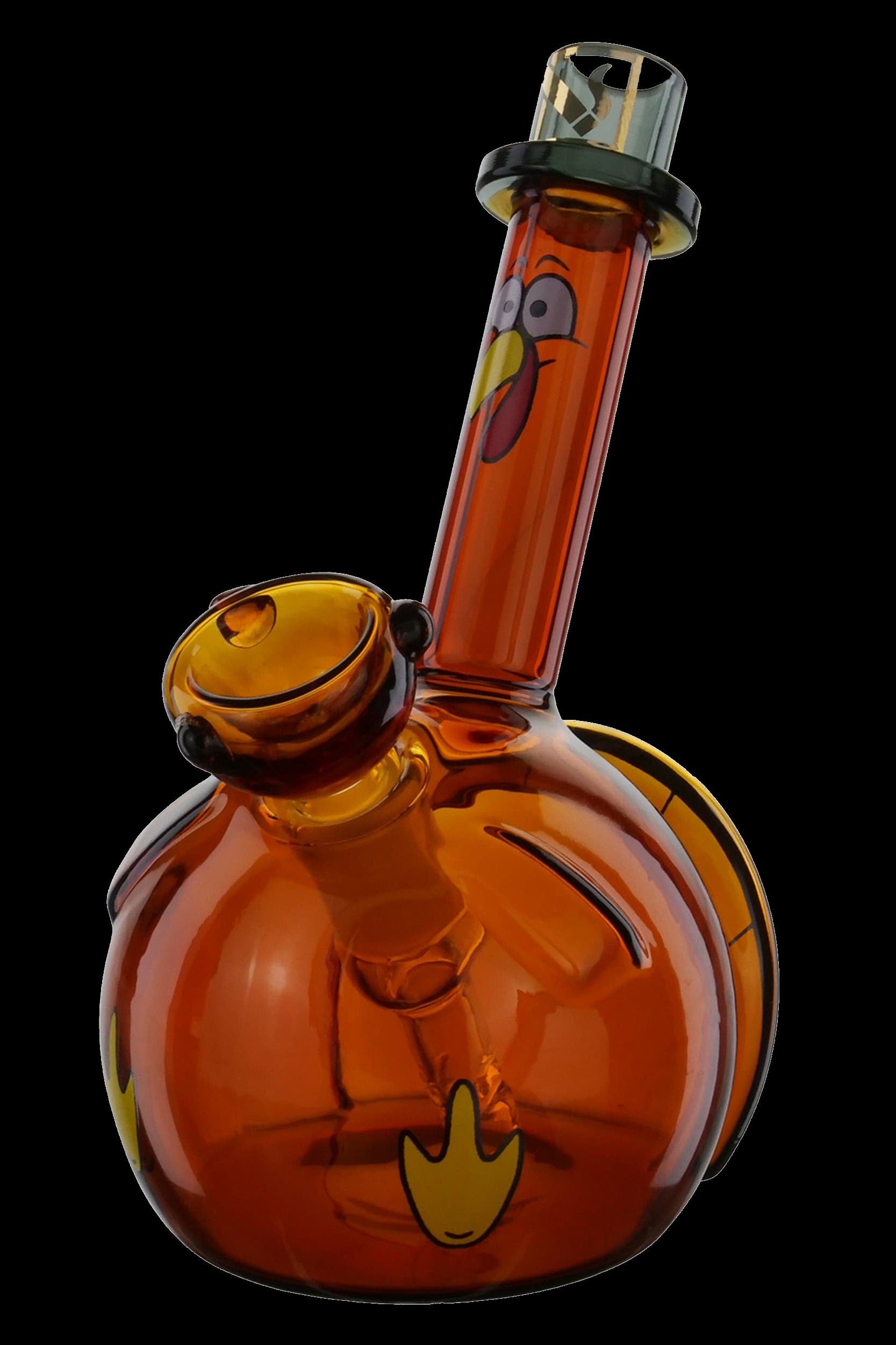 Orange glass water pipe with cartoon turkey design.