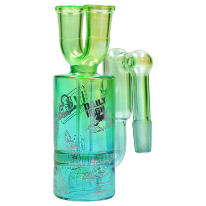 Close-up front view of the green glass “Epic 420 House Party” Deluxe Box showing a U-shaped top, side handle and playful cartoon graphics on the body.