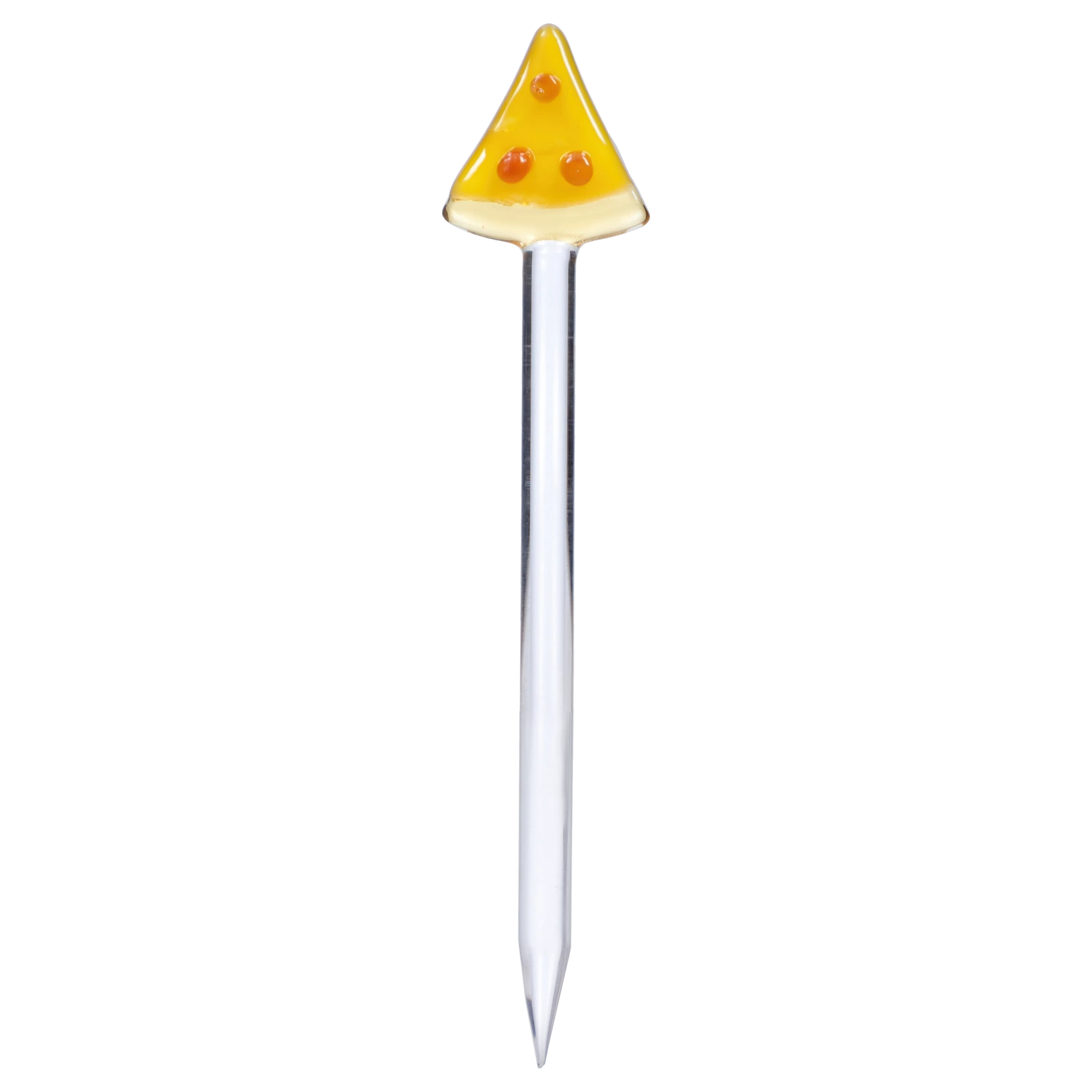 Vertical close-up of a clear glass stir rod topped with a triangular yellow candy tip from the “Epic 420 House Party” Deluxe Box