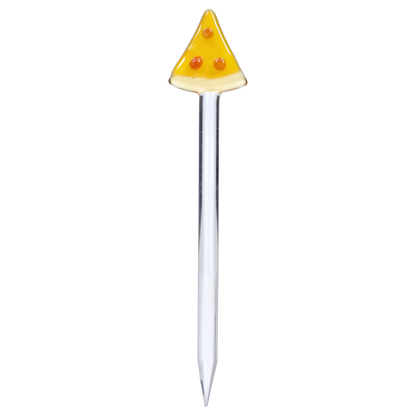 Vertical close-up of a clear glass stir rod topped with a triangular yellow candy tip from the “Epic 420 House Party” Deluxe Box