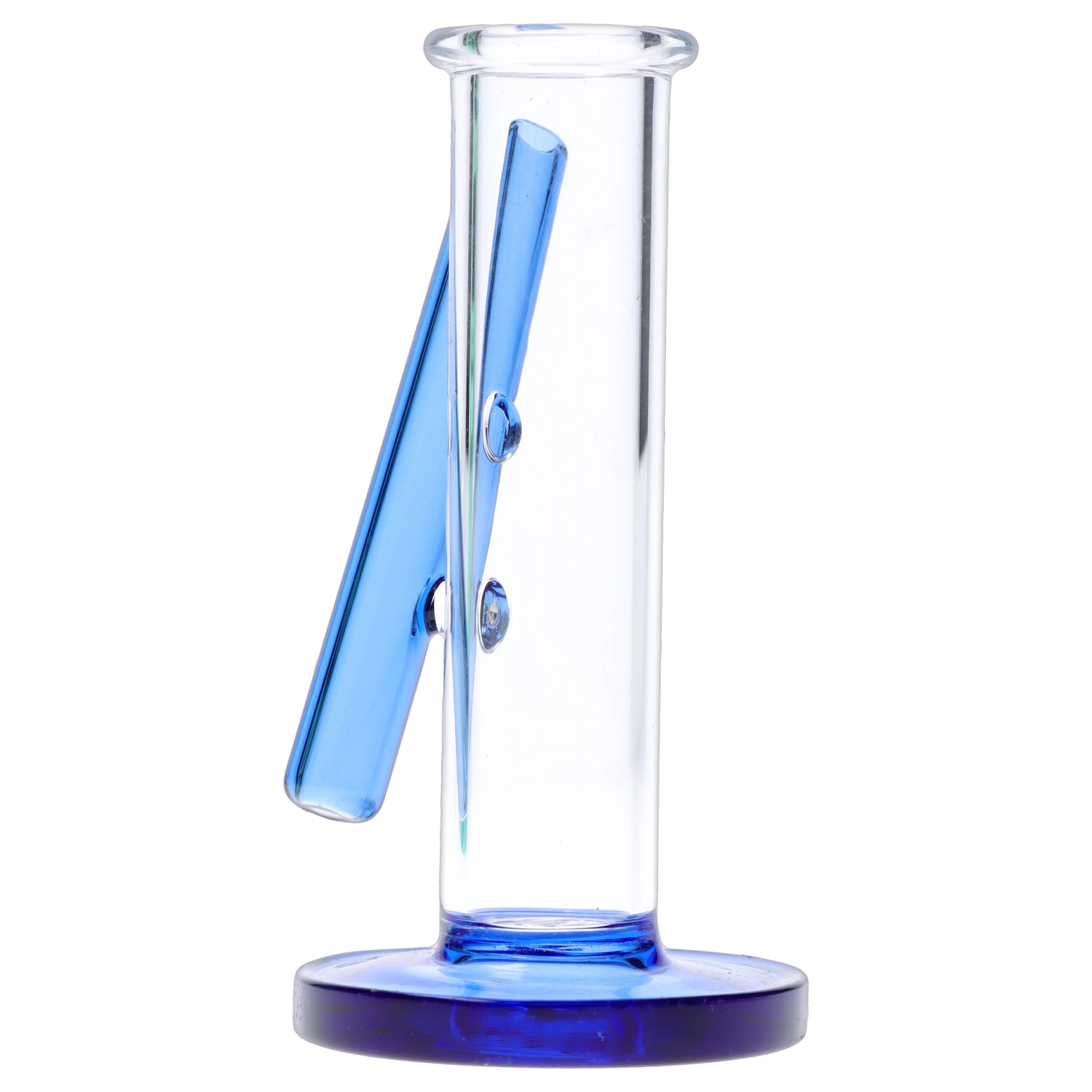 Close-up side view of the clear glass cylinder and angled blue downstem on the “Epic 420 House Party” Deluxe Box.