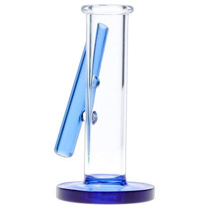 Close-up side view of the clear glass cylinder and angled blue downstem on the “Epic 420 House Party” Deluxe Box.