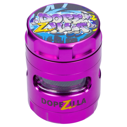 Close-up top-down view of the metallic purple “Epic 420 House Party” Deluxe Box showing a graffiti-style lid graphic and rounded windowed sides.